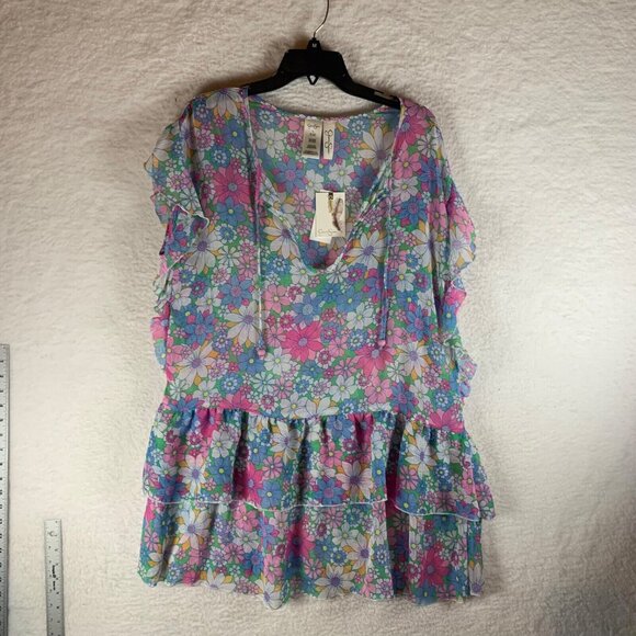 Jessica Simpson Women's Chiffon Floral Tiered Flutter Sleeve Cover Up Size L NWT - Picture 1 of 8